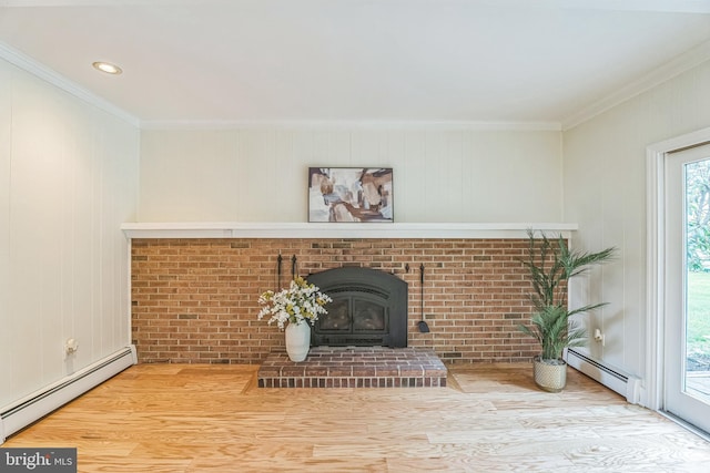 69 Hickory Ln, Chalfont, PA 18914 - unfurnished living room featuring a baseboard heating unit, wood finished floors, crown molding, and a wood stove