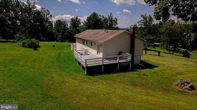 4179 Fiery Run Rd, Linden, VA 22642 - back of property with a wooden deck, a lawn, and a chimney