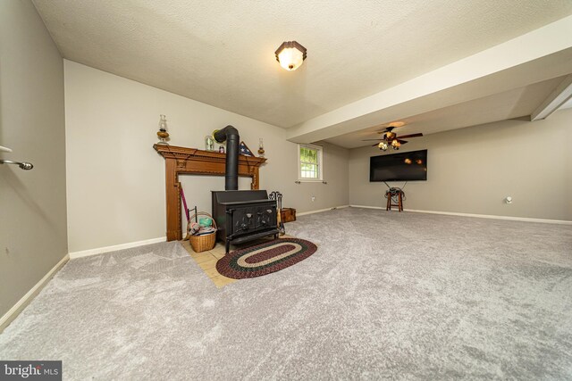 4179 Fiery Run Rd, Linden, VA 22642 - carpeted living room featuring a wood stove and a ceiling fan