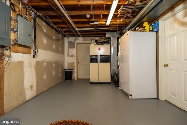 4179 Fiery Run Rd, Linden, VA 22642 - unfinished below grade area featuring freestanding refrigerator, electric panel, and white fridge with ice dispenser