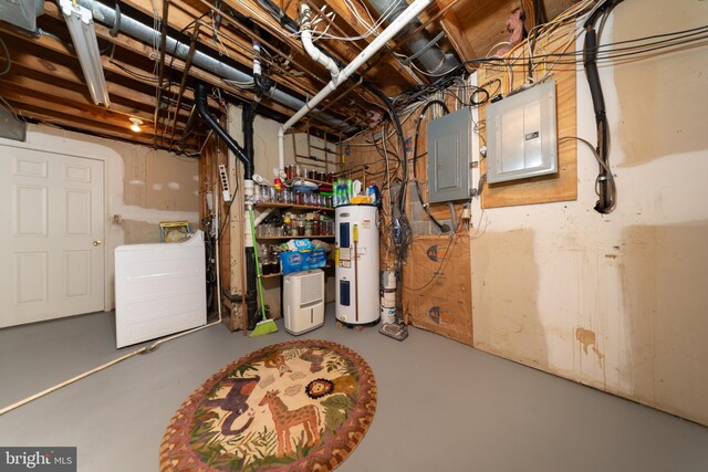 4179 Fiery Run Rd, Linden, VA 22642 - unfinished basement with electric water heater, electric panel, and washer / dryer