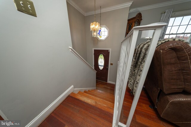 4179 Fiery Run Rd, Linden, VA 22642 - foyer with wood finished floors, ornamental molding, a chandelier, and stairway