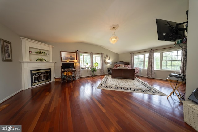4179 Fiery Run Rd, Linden, VA 22642 - bedroom with lofted ceiling, a glass covered fireplace, and wood finished floors