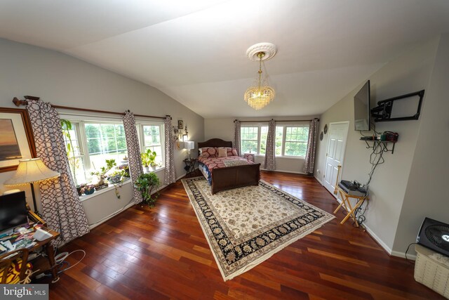 4179 Fiery Run Rd, Linden, VA 22642 - bedroom with vaulted ceiling, wood finished floors, and a chandelier