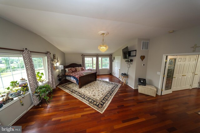 4179 Fiery Run Rd, Linden, VA 22642 - bedroom with lofted ceiling, wood finished floors, and a chandelier