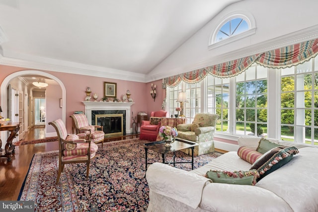 3201/2 Mansion Dr, Alexandria, VA 22302 - living area featuring vaulted ceiling, wood finished floors, arched walkways, a high end fireplace, and crown molding