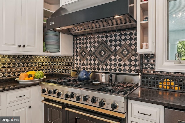 3201/2 Mansion Dr, Alexandria, VA 22302 - kitchen with designer stove, custom exhaust hood, backsplash, white cabinets, and glass insert cabinets