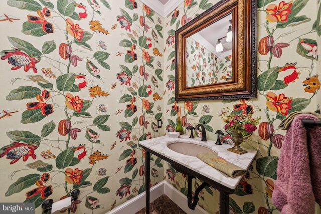 3201/2 Mansion Dr, Alexandria, VA 22302 - half bath with wallpapered walls and ornamental molding