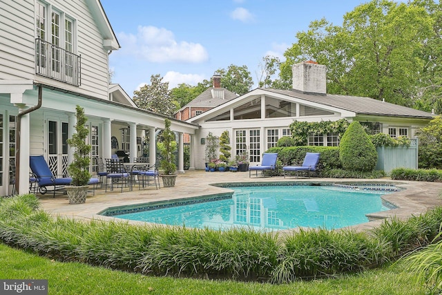 3201/2 Mansion Dr, Alexandria, VA 22302 - outdoor pool featuring a patio area, french doors, and a ceiling fan