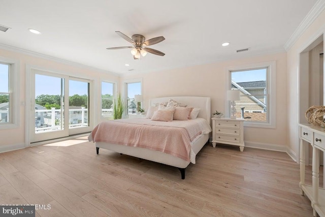 1 Capstan Rd, Waretown, NJ 08758 - bedroom featuring crown molding, access to outside, light wood-type flooring, multiple windows, and a ceiling fan