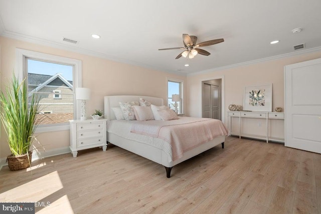 1 Capstan Rd, Waretown, NJ 08758 - bedroom featuring ornamental molding, multiple windows, light wood-style flooring, recessed lighting, and a ceiling fan