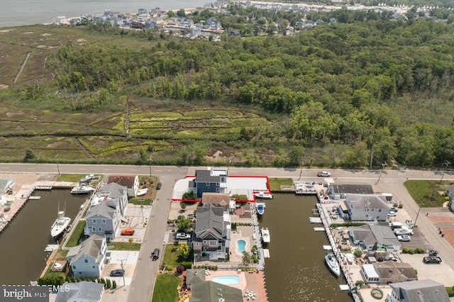 1 Capstan Rd, Waretown, NJ 08758 - aerial perspective of suburban area featuring a nearby body of water and property parcel outlined