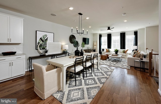 1106 Crested Wood Dr, Laurel, MD 20724 - dining space with dark wood-style floors, ceiling fan, and recessed lighting