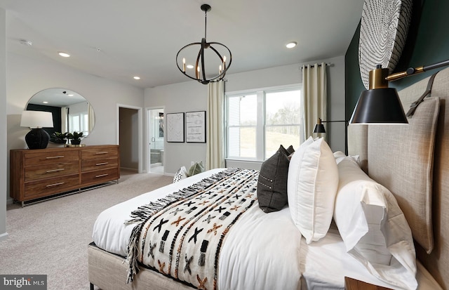1106 Crested Wood Dr, Laurel, MD 20724 - bedroom featuring light colored carpet, a chandelier, recessed lighting, and connected bathroom