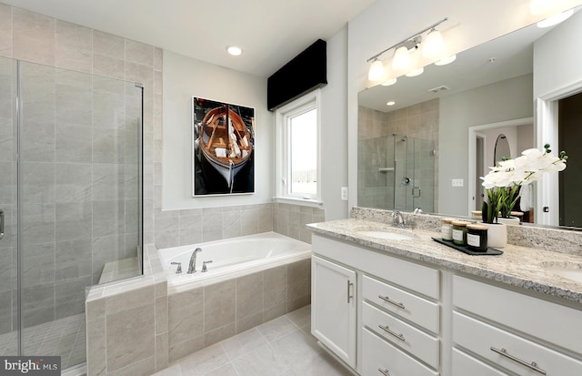 1106 Crested Wood Dr, Laurel, MD 20724 - full bathroom with double vanity, a stall shower, a bath, and tile patterned floors