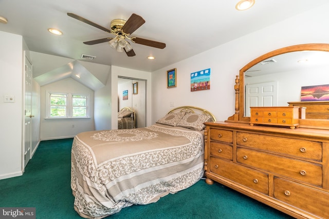 2462 Route Unit 412, Hellertown, PA 18055 - bedroom with dark carpet, recessed lighting, a ceiling fan, a closet, and lofted ceiling