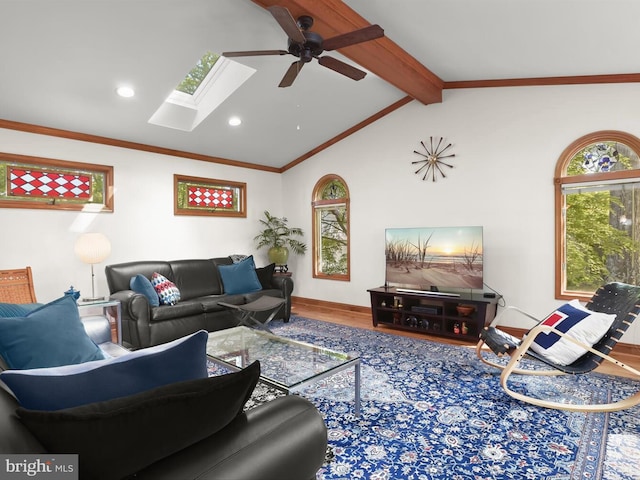 13310 Mockingbird Ln, Bowie, MD 20720 - living room with a ceiling fan, wood finished floors, a skylight, and recessed lighting
