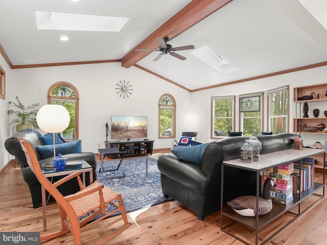 13310 Mockingbird Ln, Bowie, MD 20720 - living room featuring a skylight, light wood-style floors, ceiling fan, and recessed lighting