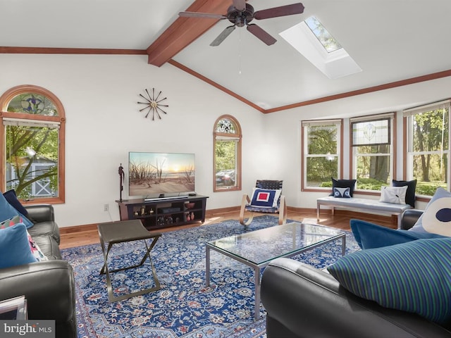 13310 Mockingbird Ln, Bowie, MD 20720 - living area featuring plenty of natural light, wood finished floors, a skylight, and a ceiling fan