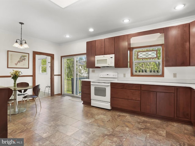 13310 Mockingbird Ln, Bowie, MD 20720 - kitchen with white appliances, light countertops, a chandelier, decorative light fixtures, and ornamental molding