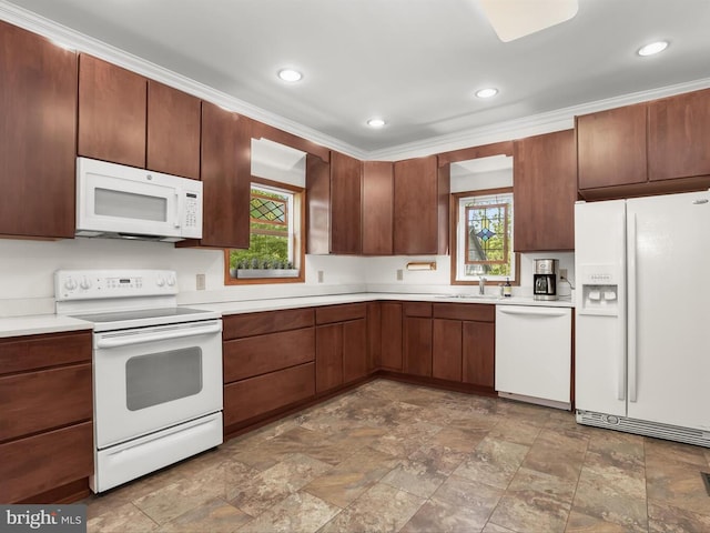 13310 Mockingbird Ln, Bowie, MD 20720 - kitchen with white appliances, stone finish floors, light countertops, recessed lighting, and ornamental molding