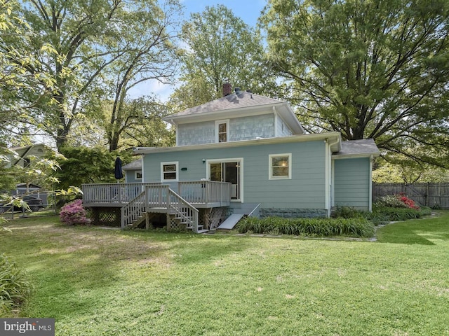 13310 Mockingbird Ln, Bowie, MD 20720 - rear view of house featuring a deck, a chimney, and stairs