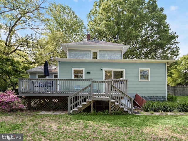 13310 Mockingbird Ln, Bowie, MD 20720 - rear view of property with a wooden deck, a chimney, and stairs