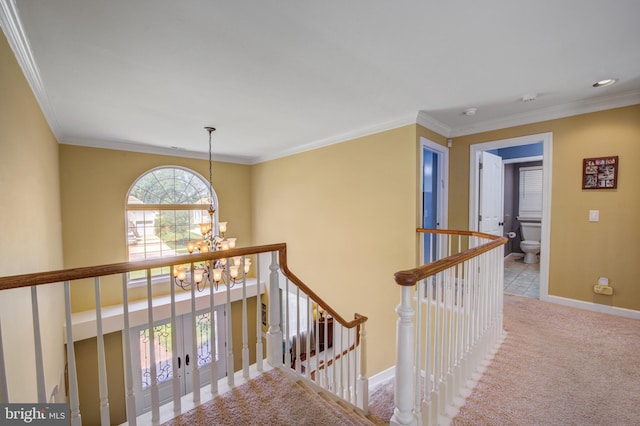 18 Knottingham Dr, Voorhees, NJ 08043 - hallway with a chandelier, an upstairs landing, carpet floors, crown molding, and french doors