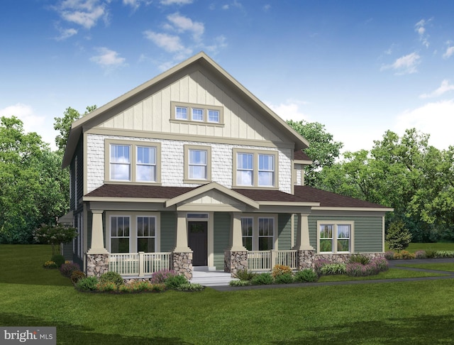 5730 W Central Park Dr, Middletown, DE 19709 - craftsman house featuring a porch, stone siding, board and batten siding, a front lawn, and a shingled roof