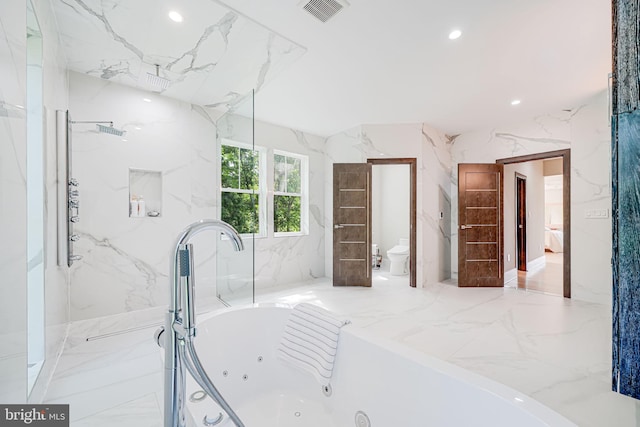 9908 Blake Ln, Oakton, VA 22124 - bathroom featuring a whirlpool tub, marble tiled flooring, recessed lighting, and a marble finish shower