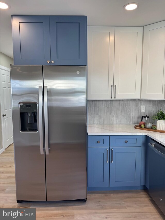 512 Majestic Ave, Bellmawr, NJ 08031 - kitchen featuring stainless steel fridge with ice dispenser, blue cabinets, light countertops, dishwasher, and recessed lighting