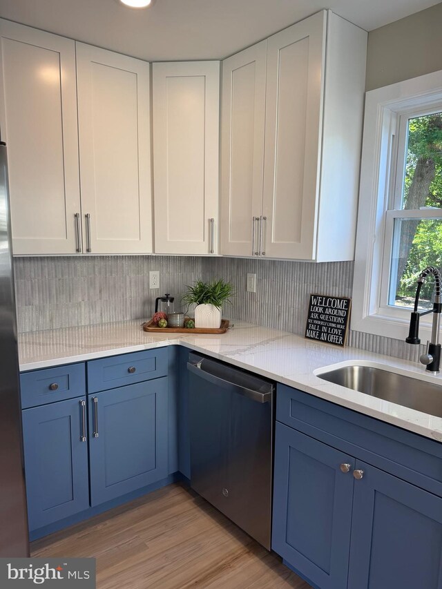 512 Majestic Ave, Bellmawr, NJ 08031 - kitchen with stainless steel appliances, blue cabinets, and decorative backsplash