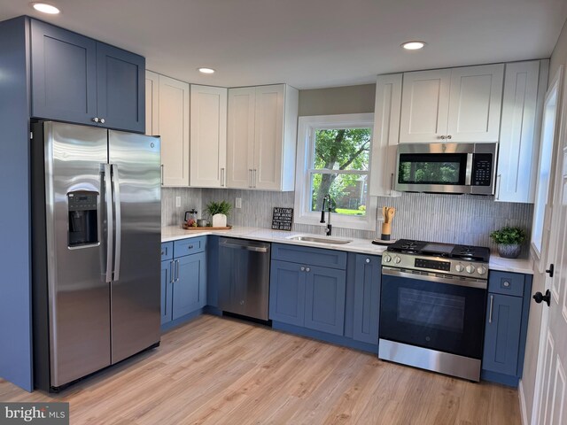 512 Majestic Ave, Bellmawr, NJ 08031 - kitchen with appliances with stainless steel finishes, blue cabinetry, light countertops, and recessed lighting