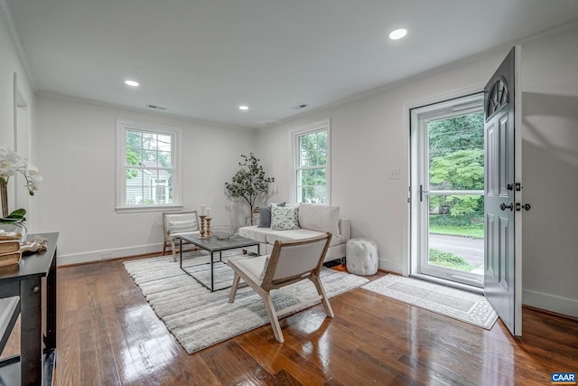 1623 Mason Ln, Charlottesville, VA 22903 - living area featuring ornamental molding, healthy amount of natural light, wood finished floors, and recessed lighting