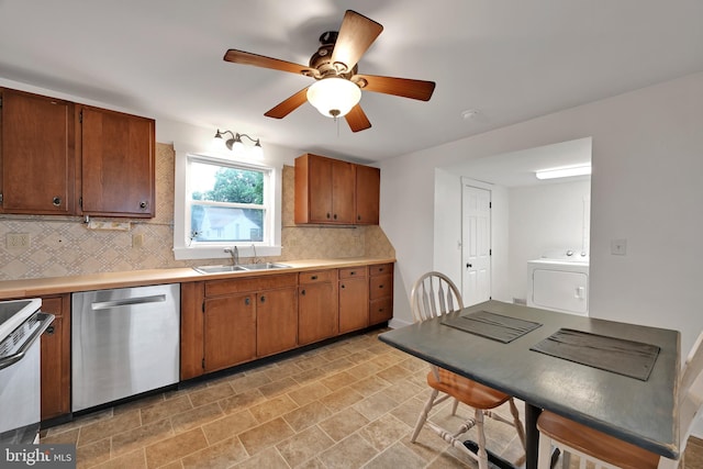 12 Charlestown Rd, Washington Boro, PA 17582 - kitchen with stainless steel dishwasher, washer / dryer, decorative backsplash, white range with electric cooktop, and a ceiling fan