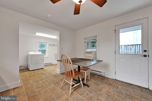 12 Charlestown Rd, Washington Boro, PA 17582 - dining space featuring washer / clothes dryer, a baseboard heating unit, a ceiling fan, and stone finish floors