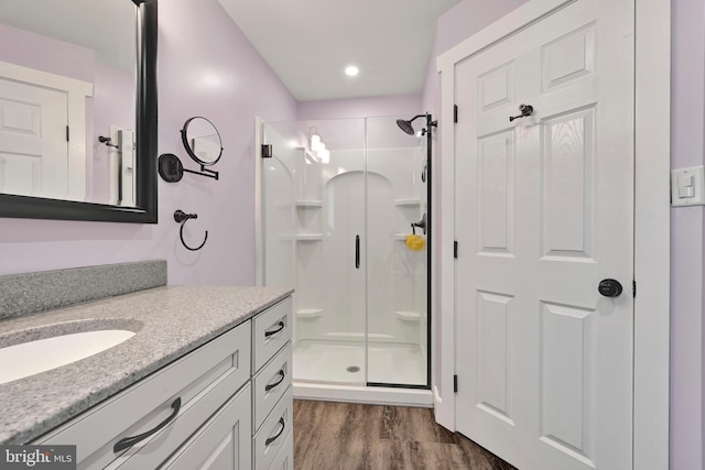 12 Charlestown Rd, Washington Boro, PA 17582 - bathroom with a stall shower, vanity, and wood finished floors