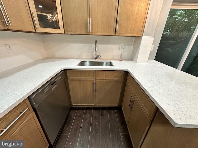 2937 N Judson St, Philadelphia, PA 19132 - kitchen with dishwasher, decorative backsplash, dark wood-type flooring, glass insert cabinets, and light stone countertops
