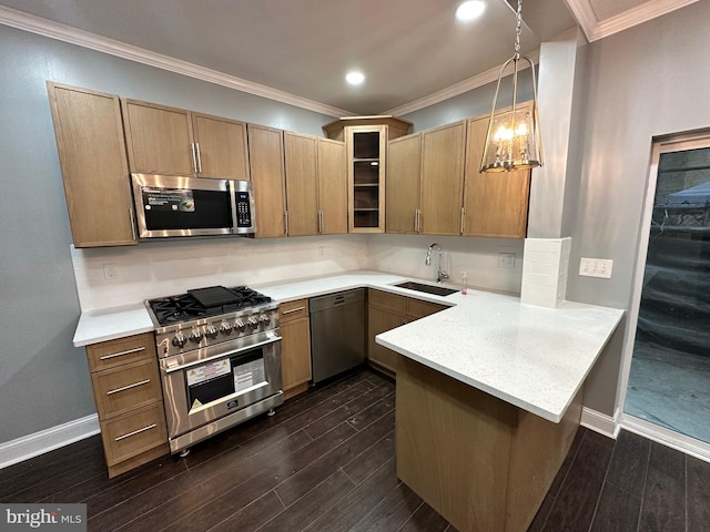 2937 N Judson St, Philadelphia, PA 19132 - kitchen with stainless steel appliances, a peninsula, crown molding, glass insert cabinets, and dark wood-style flooring