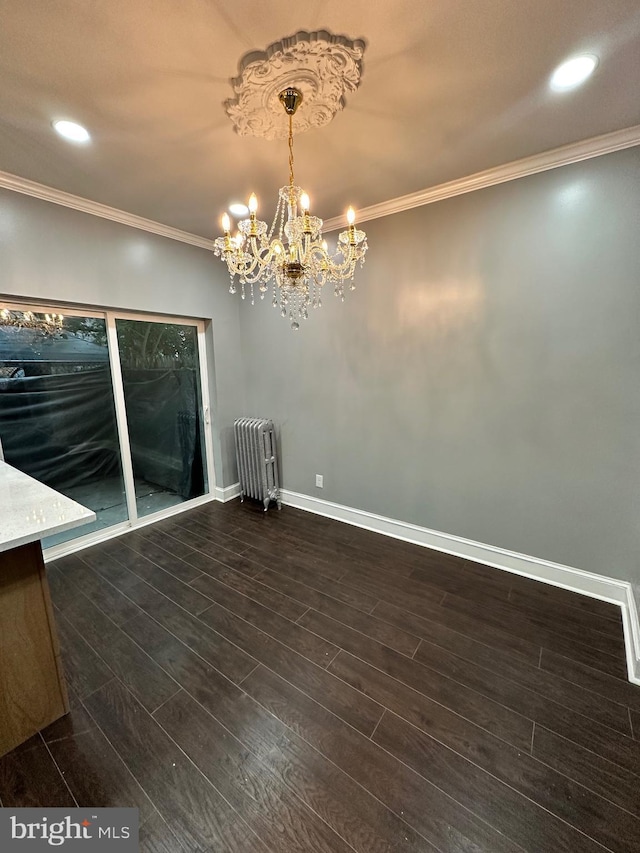 2937 N Judson St, Philadelphia, PA 19132 - unfurnished dining area featuring radiator, a chandelier, dark wood-style floors, crown molding, and recessed lighting