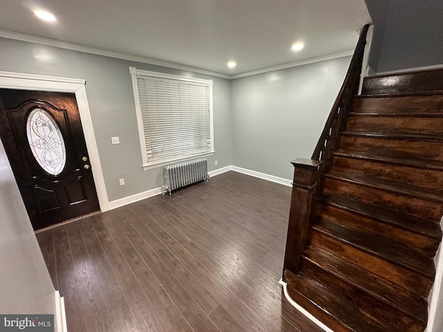 2937 N Judson St, Philadelphia, PA 19132 - entrance foyer with radiator, ornamental molding, stairs, dark wood-type flooring, and recessed lighting