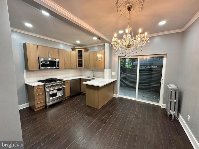 2937 N Judson St, Philadelphia, PA 19132 - kitchen with appliances with stainless steel finishes, radiator, a peninsula, glass insert cabinets, and a chandelier