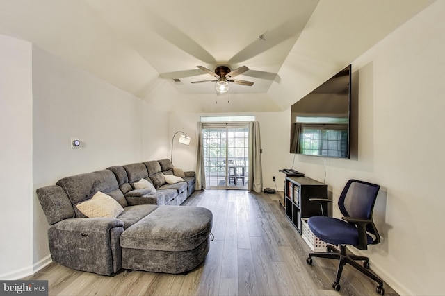 306 Canterbury Rd Unit 306-O, Bel Air, MD 21014 - living room with ceiling fan, wood finished floors, and lofted ceiling