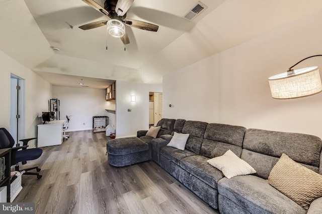 306 Canterbury Rd Unit 306-O, Bel Air, MD 21014 - living area featuring wood finished floors, a ceiling fan, and vaulted ceiling