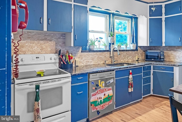 1714 S Main St, Bechtelsville, PA 19505 - kitchen with white electric stove, dishwashing machine, blue cabinets, light wood-type flooring, and decorative backsplash