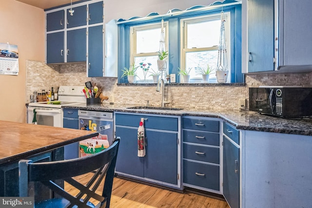 1714 S Main St, Bechtelsville, PA 19505 - kitchen featuring blue cabinetry, white electric range, black microwave, and light wood-style floors