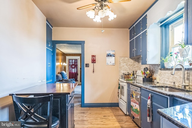 1714 S Main St, Bechtelsville, PA 19505 - kitchen featuring ceiling fan, light wood-style flooring, stainless steel dishwasher, backsplash, and blue cabinetry