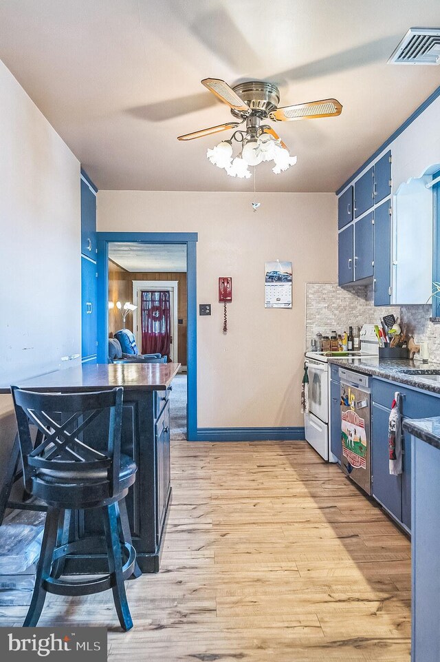 1714 S Main St, Bechtelsville, PA 19505 - kitchen with dishwasher, blue cabinets, white electric range oven, tasteful backsplash, and light wood finished floors