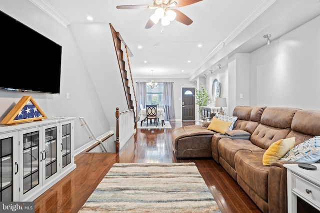 3207 Salmon St, Philadelphia, PA 19134 - living area with ornamental molding, dark wood finished floors, a chandelier, ceiling fan, and recessed lighting