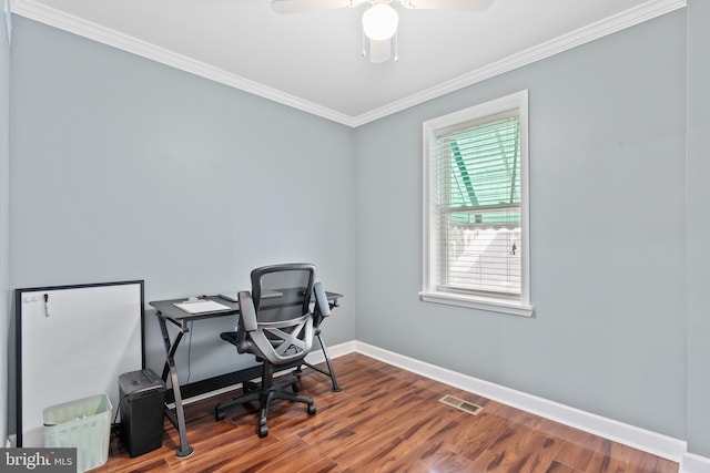 3207 Salmon St, Philadelphia, PA 19134 - office space with crown molding, wood finished floors, and a ceiling fan